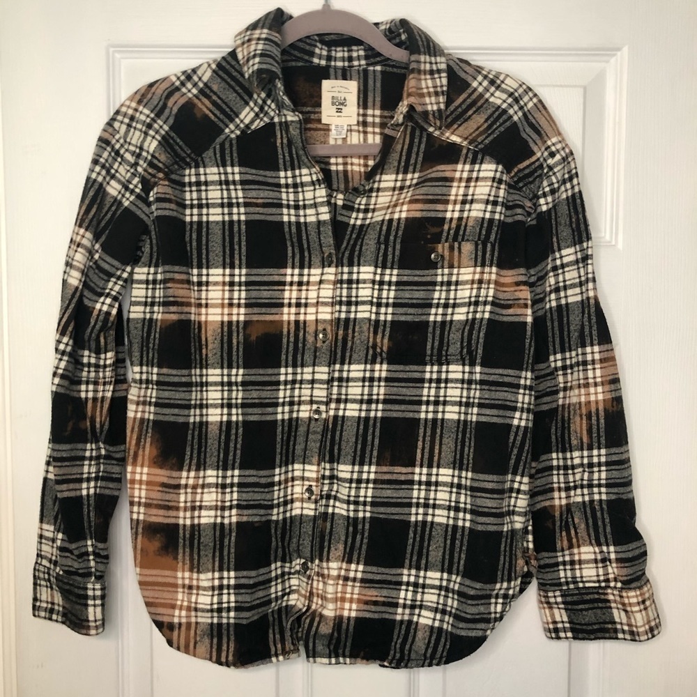 Billabong Bleach Dyed Tie Dye Black White, Brown 100% Cotton Flannel Shirt Small